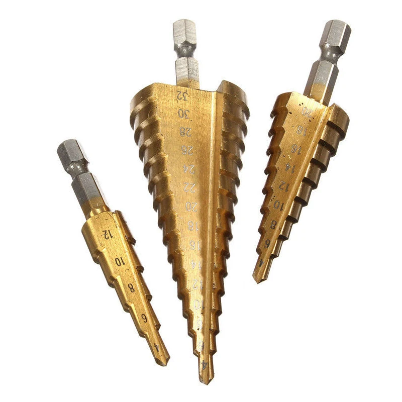 

3pcs Large HSS Steel Step Cone Drill Titanium Bit Set Hole Cutter 4-12/20/32mm