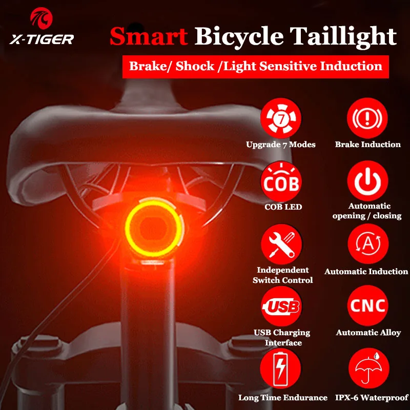 

X-TIGER Smart Bike Light Waterproof Auto Brake Sensing Cycling Rear Light Accessories USB Charging LED Bicycle Taillight