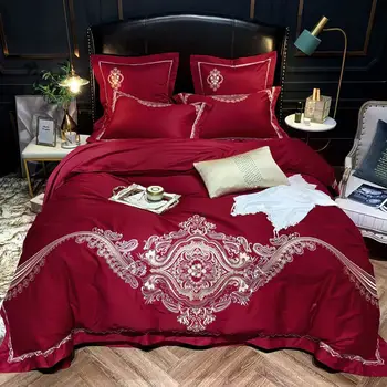 

Papa&Mima Red Egyptian Cotton Bedding Set Embroidery Queen King Size Duvet Cover Fitted Flat Sheet Pillow Shams
