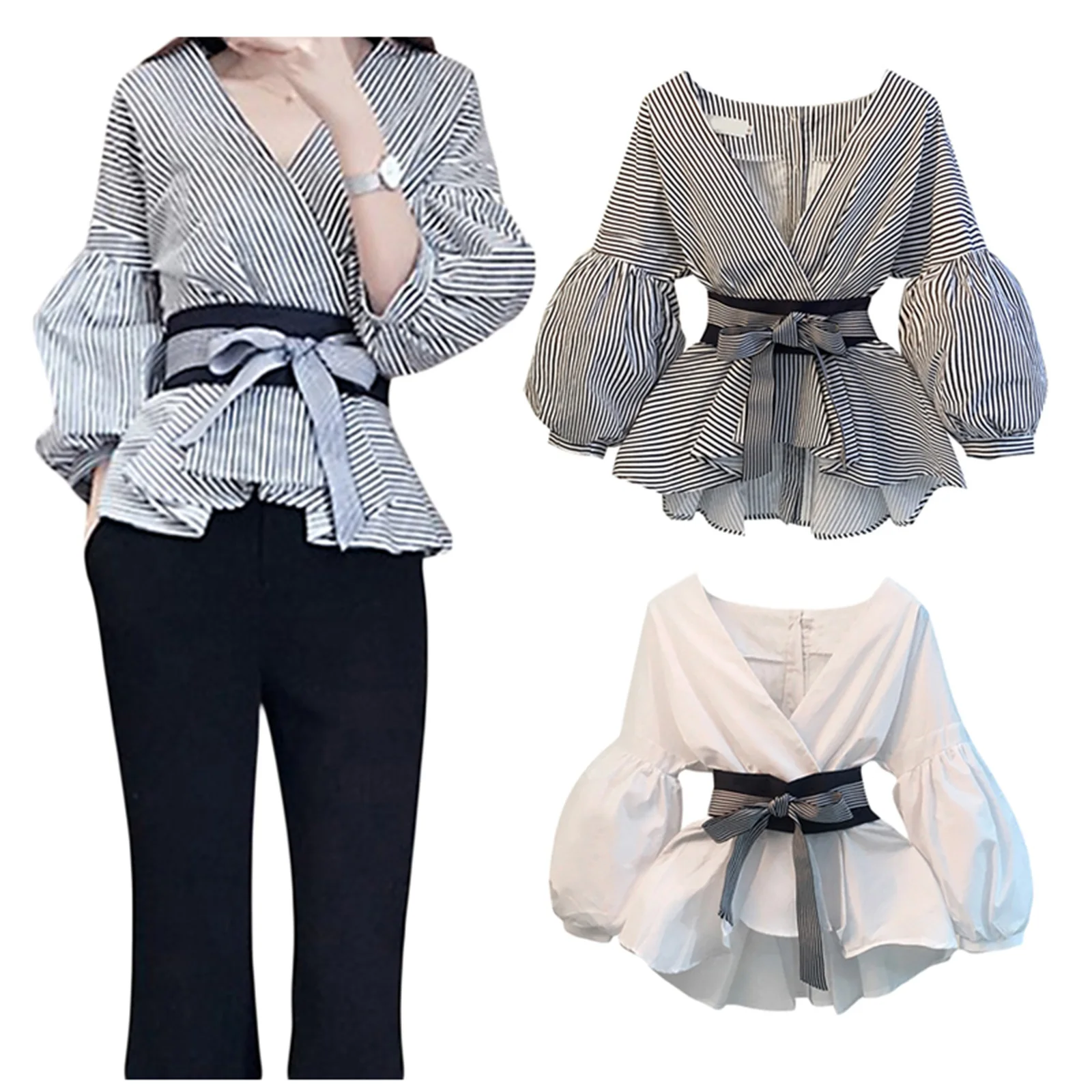

Women's Shirt Tops V-neck Design 3/4 Puff Sleeve Waist Belt Back Button Irregular Hem Tops 2022 New Fashion