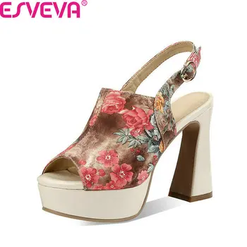 

ESVEVA 2020 Printing Leather Buckle Women Shoes Peep Toe Platform Ladies Pumps Summer Square High Heel Fashion Sandals Size34-42