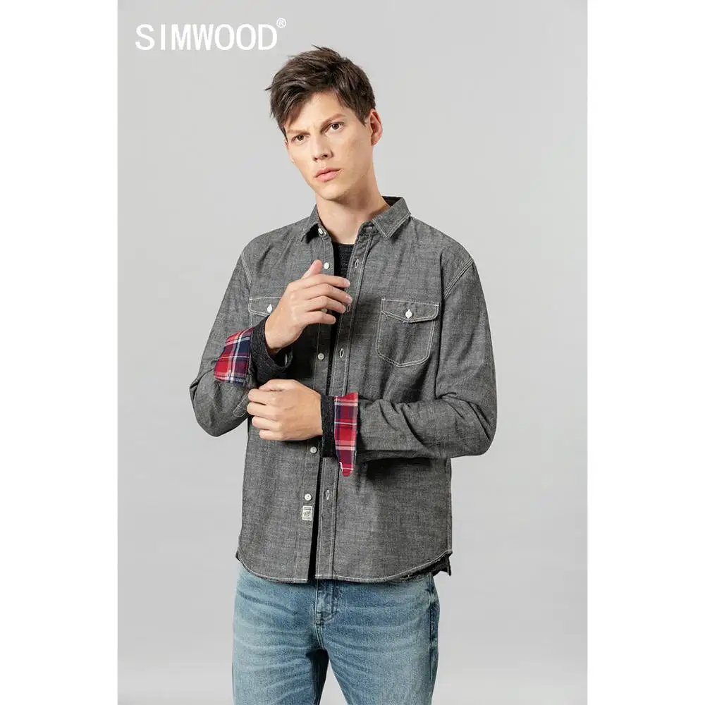 Мужская Повседневная рубашка SIMWOOD серая из 100% хлопка в клетку с карманами