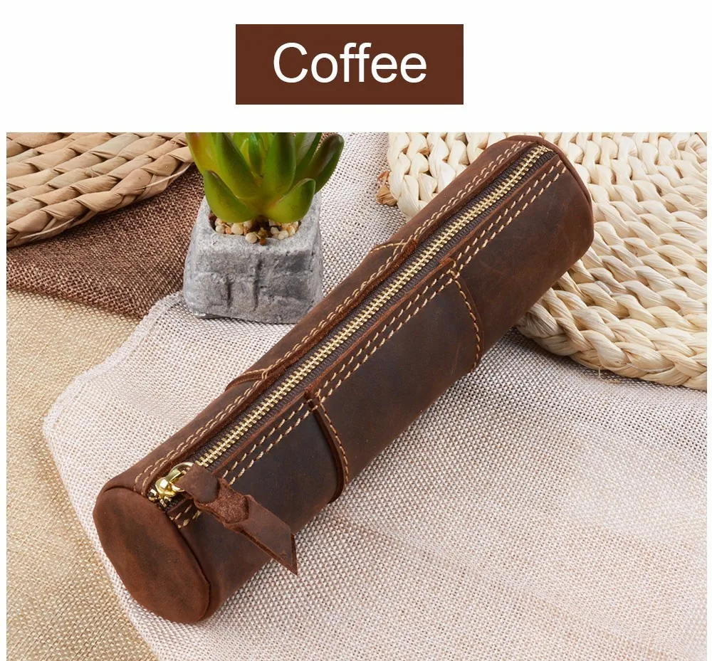 Genuine Leather Zipper Pen School Vintage Product Creative Pencil Stationary Model Trinodal Retro Handmade Bag Style