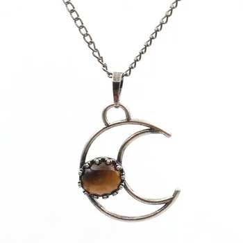 

Copper Crescent Moon Tiger Eye Stone Pendant Rock Crystal Necklace Classic Style Jewelry