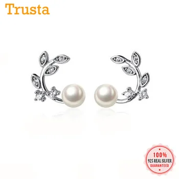 

Trustdavis 925 Sterling Silver Branches CZ Stone Pearls Stud Earrings For Women Lady Silver 925 Jewelry Gift DS184