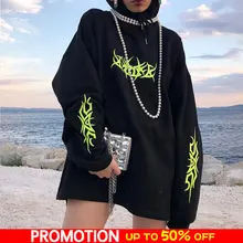 Готическая толстовка с капюшоном женская черная с неоновым принтом женские толстовки свободный пуловер осень уличный сверхразмерный худи женский топ