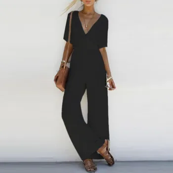 

Women Jumpsuit Romper Short Sleeve V Neck Casual Playsuit Overalls Ladies Wide Leg Playsuit