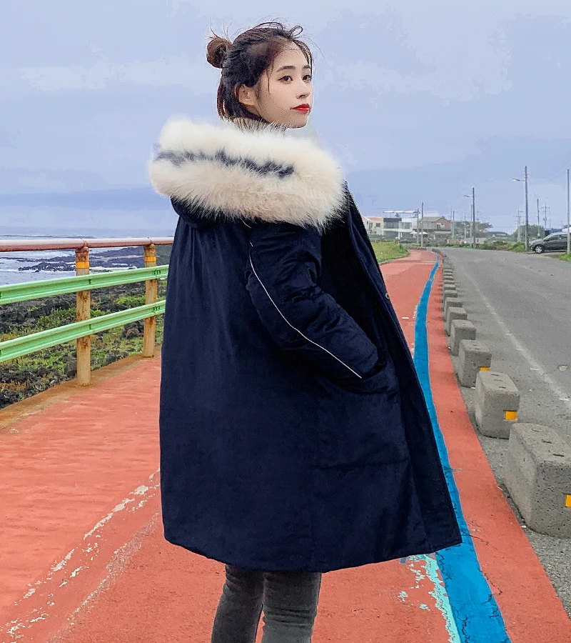Высокое качество женская зимняя куртка бархатная ткань теплый воротник из густого меха Женское пальто Длинная стеганая парка Mujer Invierno