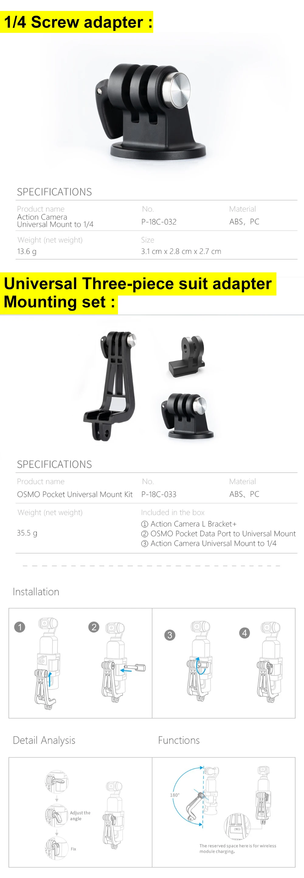 PGYTECH DJI Osmo Карманный L кронштейн 1/4 винт адаптер Универсальный комплект из трех предметов адаптер держатель DJI Osmo карманные аксессуары