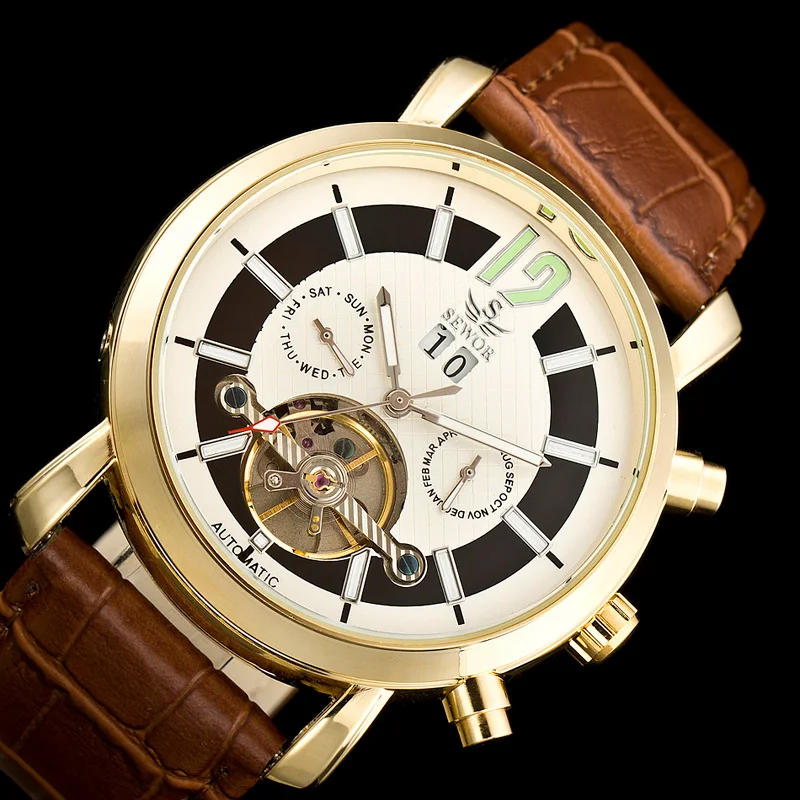 SEWOR хорошие золотые мужские турбийон автоматические механические часы Роскошные многофункциональные часы аллохроическое стекло кожаный ремешок для часов