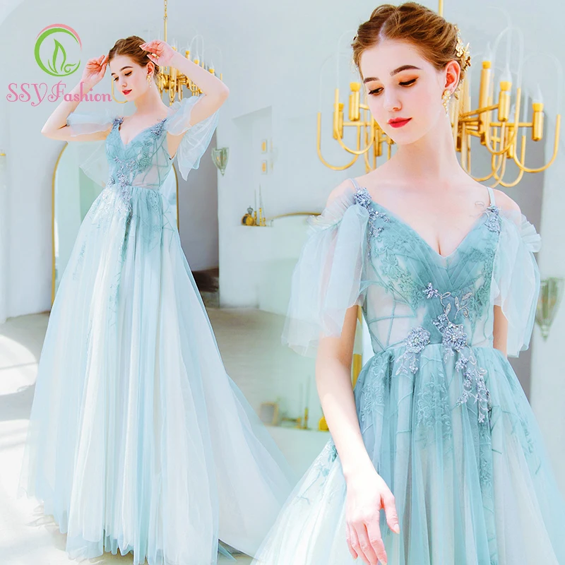 SSYfashion V образным вырезом кружевной рукав до локтя со шнуровкой сзади пола Длина
