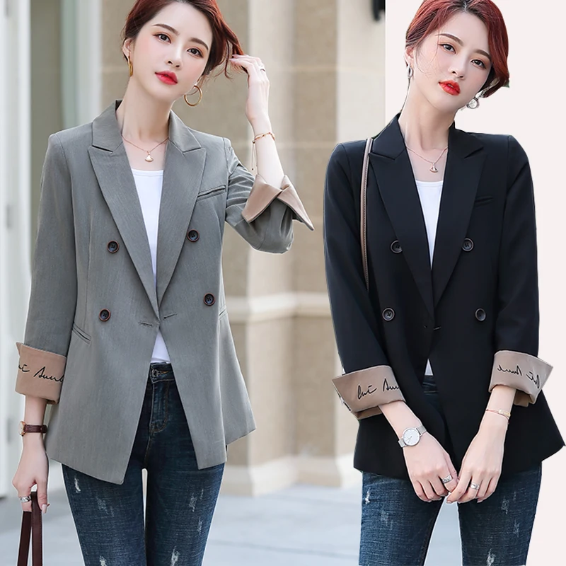 

Ladies Fashion Blazer Double Breasted Casual Jaceket Serge Fabric high Quality Turn Sleeve Hem Office Wear Color Black Grey