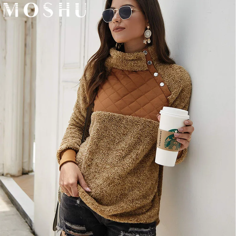 coffee Свитер с высоким воротом, женские Зимние флисовые толстовки, женские толстовки Harajuku размера плюс, Пуловеры на пуговицах, топы с длинным рукавом - Цвет: coffee
