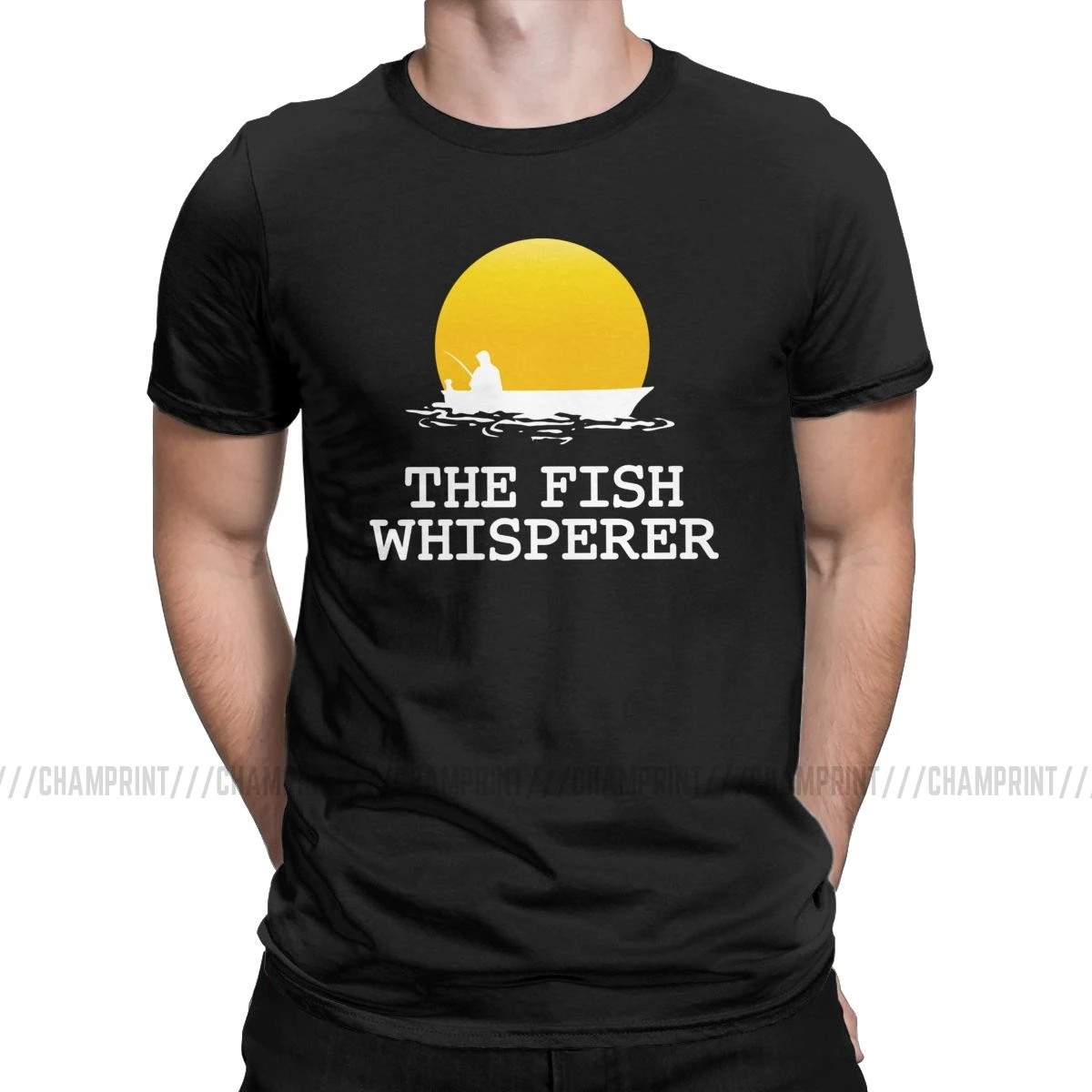 Для мужчин футболки рыба Whisperer Смешные натуральный хлопок Футболка короткий рукав Рыбалка смешные ботинки в рыбацком стиле; футболка с круглым вырезом Костюмы - Цвет: Черный