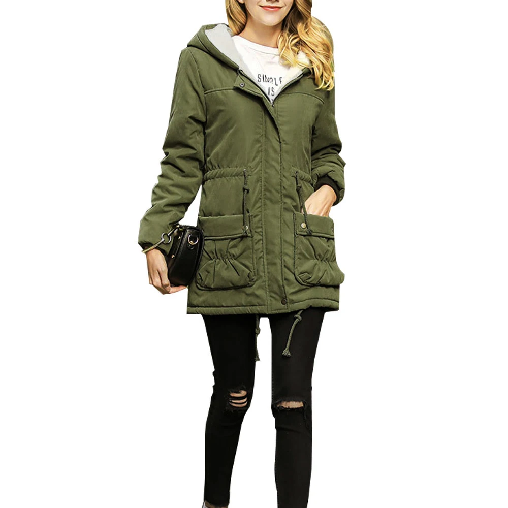 army green CALOFE Женская парка с капюшоном Толстая флисовая зимняя куртка Женская мода Тонкий карманы молния повседневное зимнее пальто; женская верхняя одежда куртка - Color: army green
