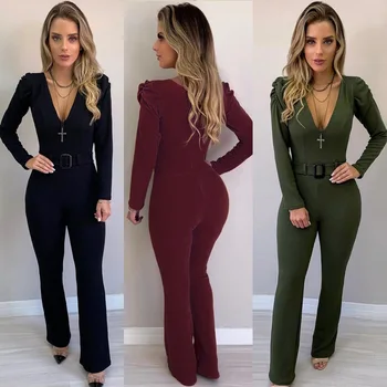 

Jumpsuits Women's Jumpsuit Sexy Woman Clothes Elegant Party Women Elegance Autumn Long Sleeve Pure Color Hubble Bubble Neck