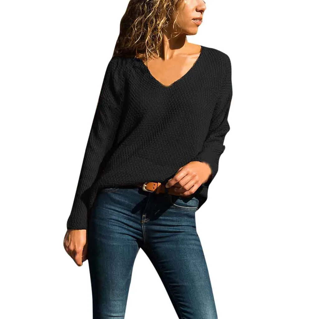 Jaycosin Fashion Casual Lady Long Sleeve V-neck Sweater Stylish Comfortable Soft Solid Color Knitting Slim Blouse Sweater Tops
