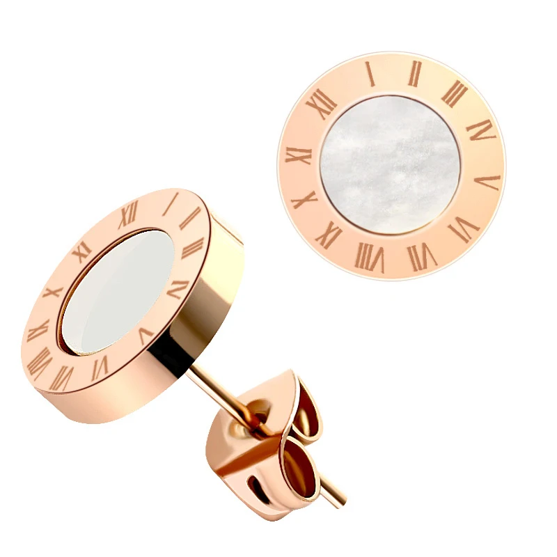 Rose gold white 1 BICUX из нержавеющей стали, розовое золото, серебро, маленькие серьги-гвоздики для женщин, ювелирные изделия, модные серьги с римскими цифрами и кристаллами, ювелирные изделия - Окраска металла: Rose gold white 1