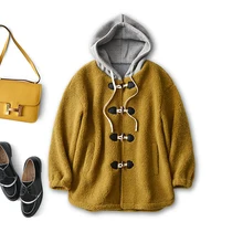 

SHUCHAN Patchwork Streetwear Womens Jackets Outerwear & Coats Winter Horn Button Wide-waisted Thick Winter Coat Women