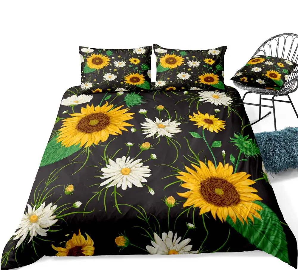 3 предмета Комплект постельного белья с подсолнухами на черном фоне постельное белье челнока желтый постельное белье Белая Маргаритка домашний текстиль Ботанический