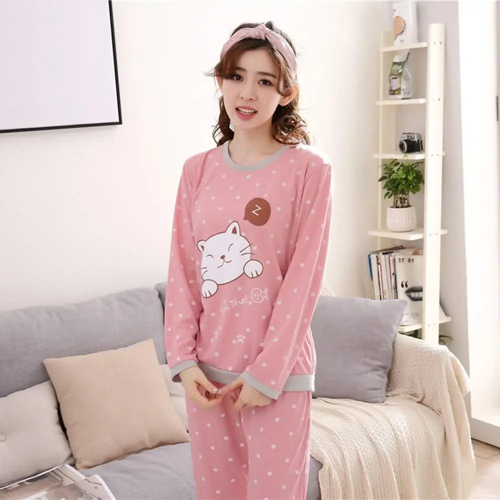 Женский пижамный комплект, осенняя Милая одежда для сна с длинным рукавом и мультяшным принтом, хлопковая Домашняя одежда, пижамы для женщин, плюс размер, пижама, пижама - Цвет: Cat style 15