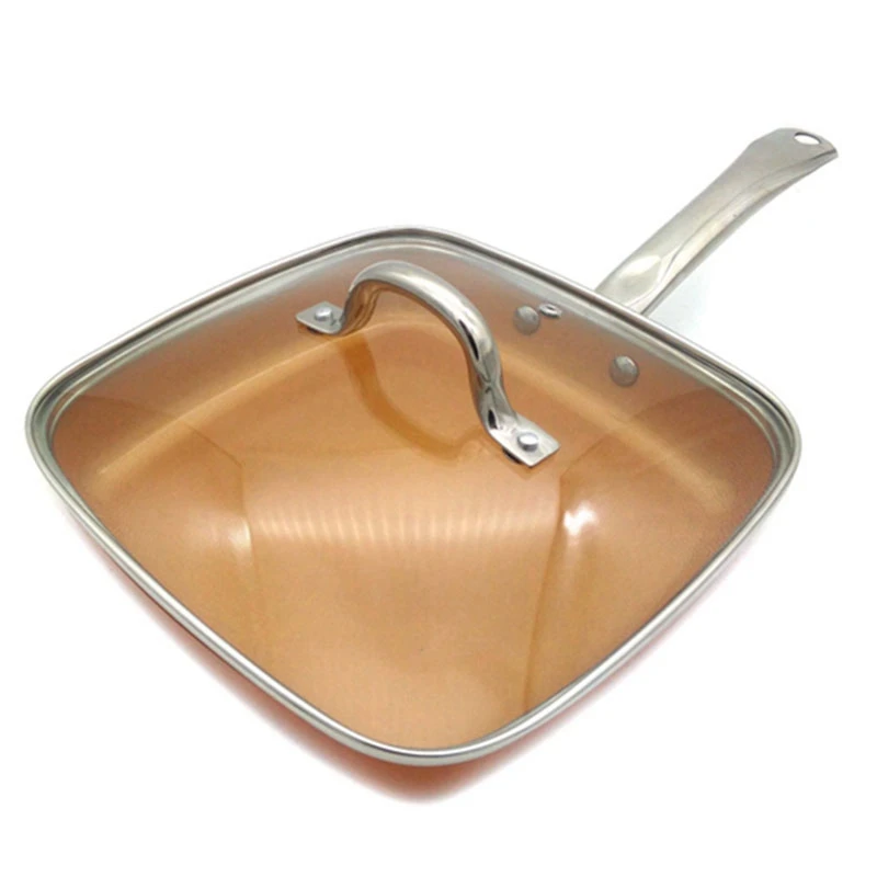 Copper Pan 10 Inch Nonstick Deep Square Induction Fry Pan with Glass