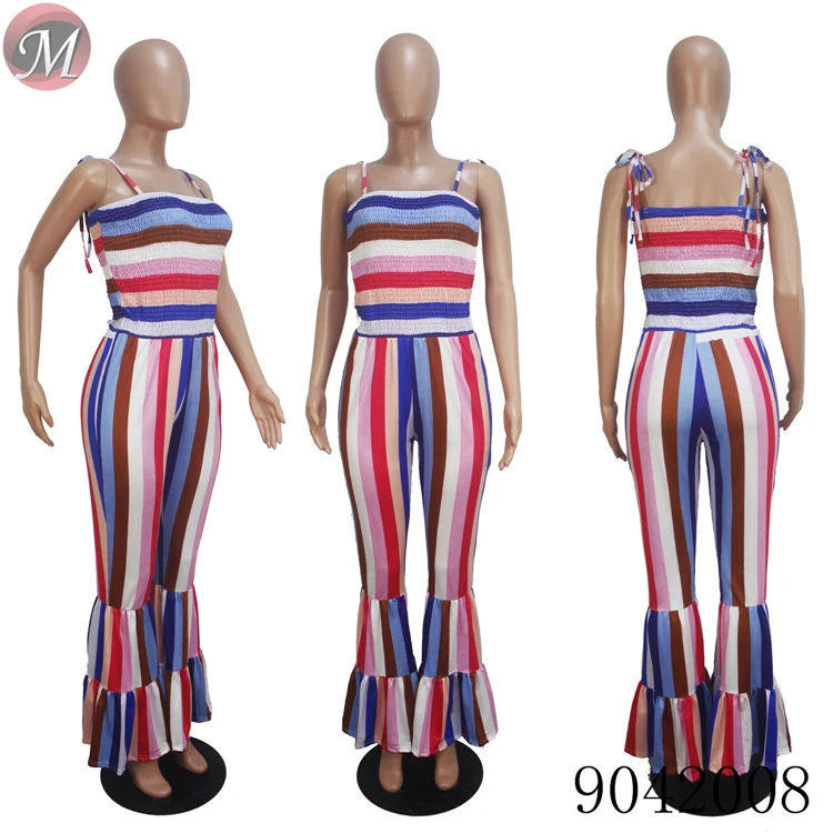 9042008 Sexy suspender smocking stitch flared women long jumpsuit