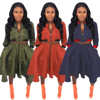 

Plus size Two piece set clothes Zipper Long Sleeve Pleated Skirts Suits Tops + Skirts Casual 2 piece sets womens club outfits