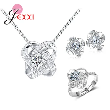 

Women Necklaces Earrings Rings Sets 925 Sterling Silver Cubic Zirconia Korean Style Bridal Flower Jewelry Sets Friendship Gift