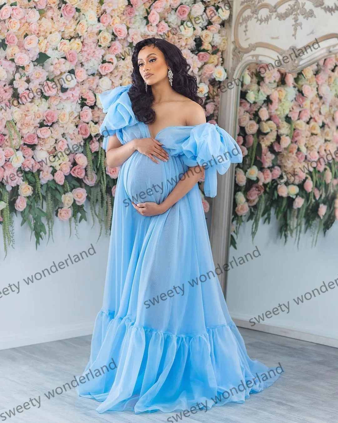 Fashion Blue Pregnant Women's Prom Dresses V Neck Maternity Long Robes for Photo Shoot Ruffles Cap Sleeve Evening Gowns vestidos