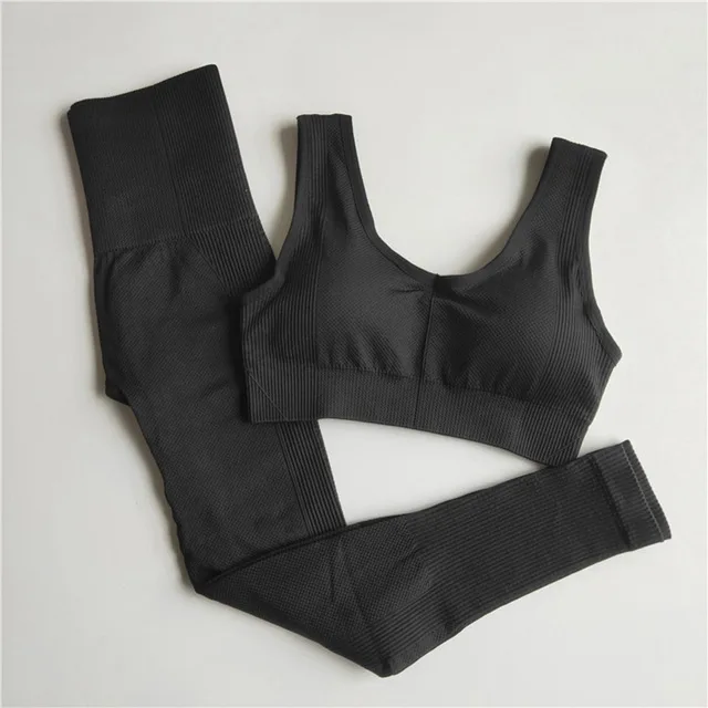 Black 2Pcs set Женский бесшовный комплект для йоги, одежда для фитнеса, леггинсы с высокой талией+ спортивный бюстгальтер, спортивный костюм из 2 предметов, одежда для спортзала и тренировок, спортивная одежда для бега - Цвет: Black 2Pcs set