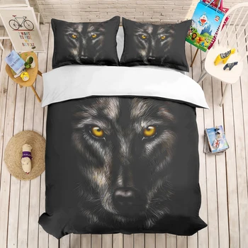

Yellow Eyed Wolf Bedding Set Bedroom Black Background Microfiber Hypoallergenic with Zipper 1PC Duvet Cover with Pillowcases