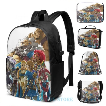

The Legend of Zelda - Breath of the Wild - Champions Artwork - Link and Zelda USB Charge Backpack School bags Travel laptop bag