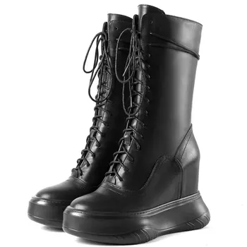 

Lace Up Fashion Sneakers Women Genuine Leather Wedges High Heel Motorcycle Boots Female High Top Chunky Platform Pumps Shoes