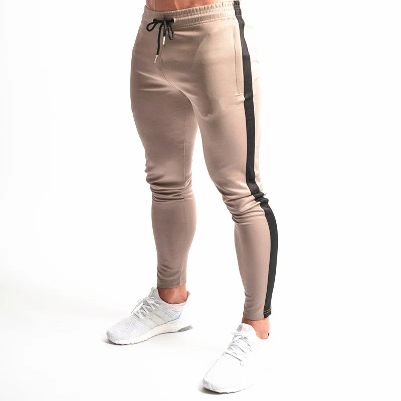 Khaki black Спортивные штаны для бега, мужские повседневные модные штаны для тренажерного зала, фитнеса, тренировок, мужские весенне-осенние хлопковые обтягивающие спортивные штаны, спортивная одежда - Цвет: Khaki black