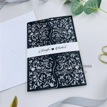 

Laser Cut Black Wedding Invite With Belly Band, Fancy Quinceanera Invitation