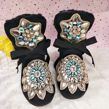 

2020 autumn and winter high-end customized rhinestone middle tube lace-up cowhide flat women's shoes cotton shoes snow boots