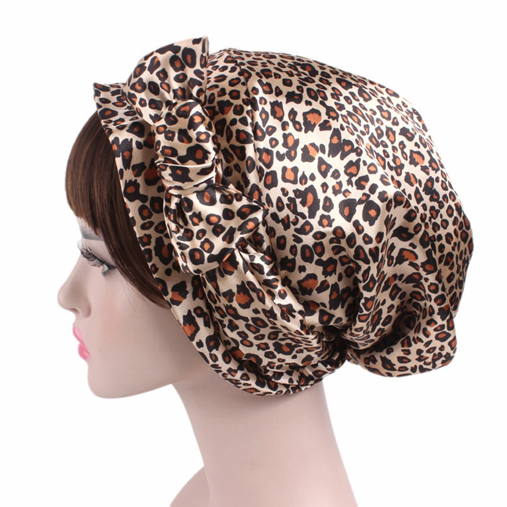 1 шт. 58 см Мягкая Шелковая женская ночная шапочка для душа для сна Регулируемая Дамская длинная шапочка для ухода за волосами головной убор Мягкая атласная шляпа аксессуары - Цвет: Leopard