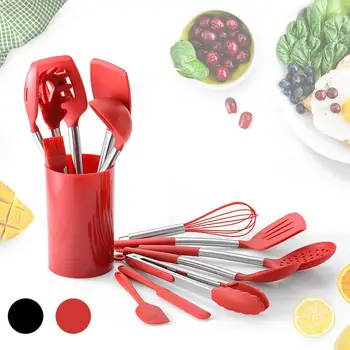 

Silicone Kitchen Utensils Sets Egg Beater Practical Durable 14pcs Black/Red Food Grade Stainless Steel cocina accesorio