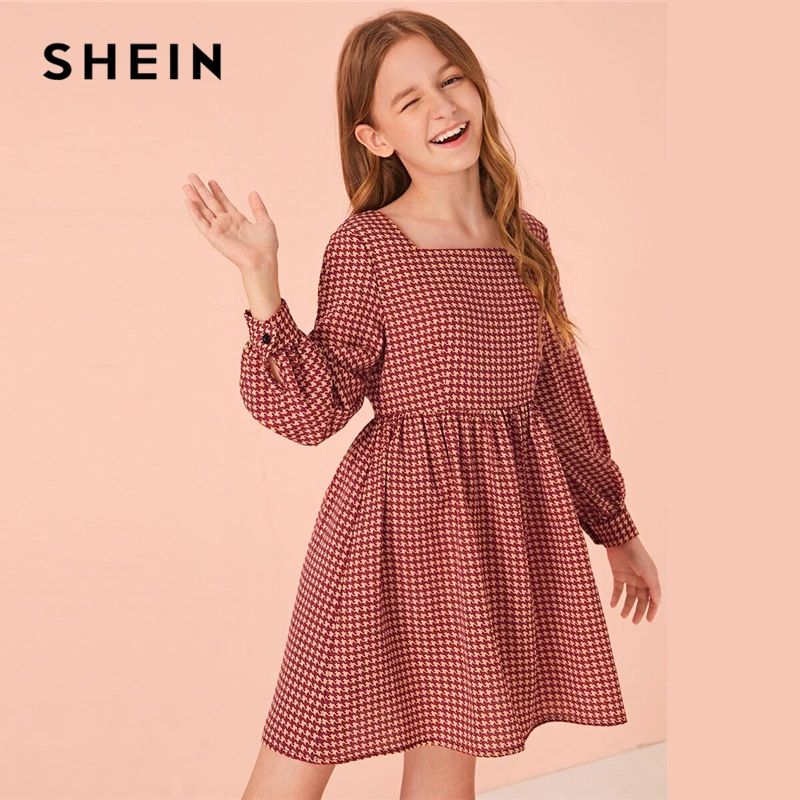 

SHEIN Kiddie Girls Red Square Neck Houndstooth Smock Cute Dress Kids 2020 Spring Long Sleeve High Waist Flared Short Dresses