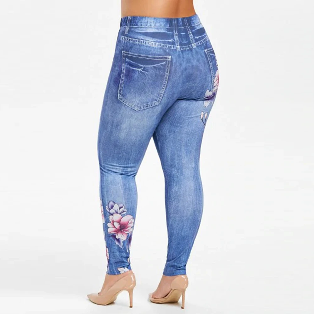 Imitation Denim Pants Women Large Size Flower Print Skinny Jeans for Woman Fashion Lady Mid Waist Jean Pencil Trousers D30