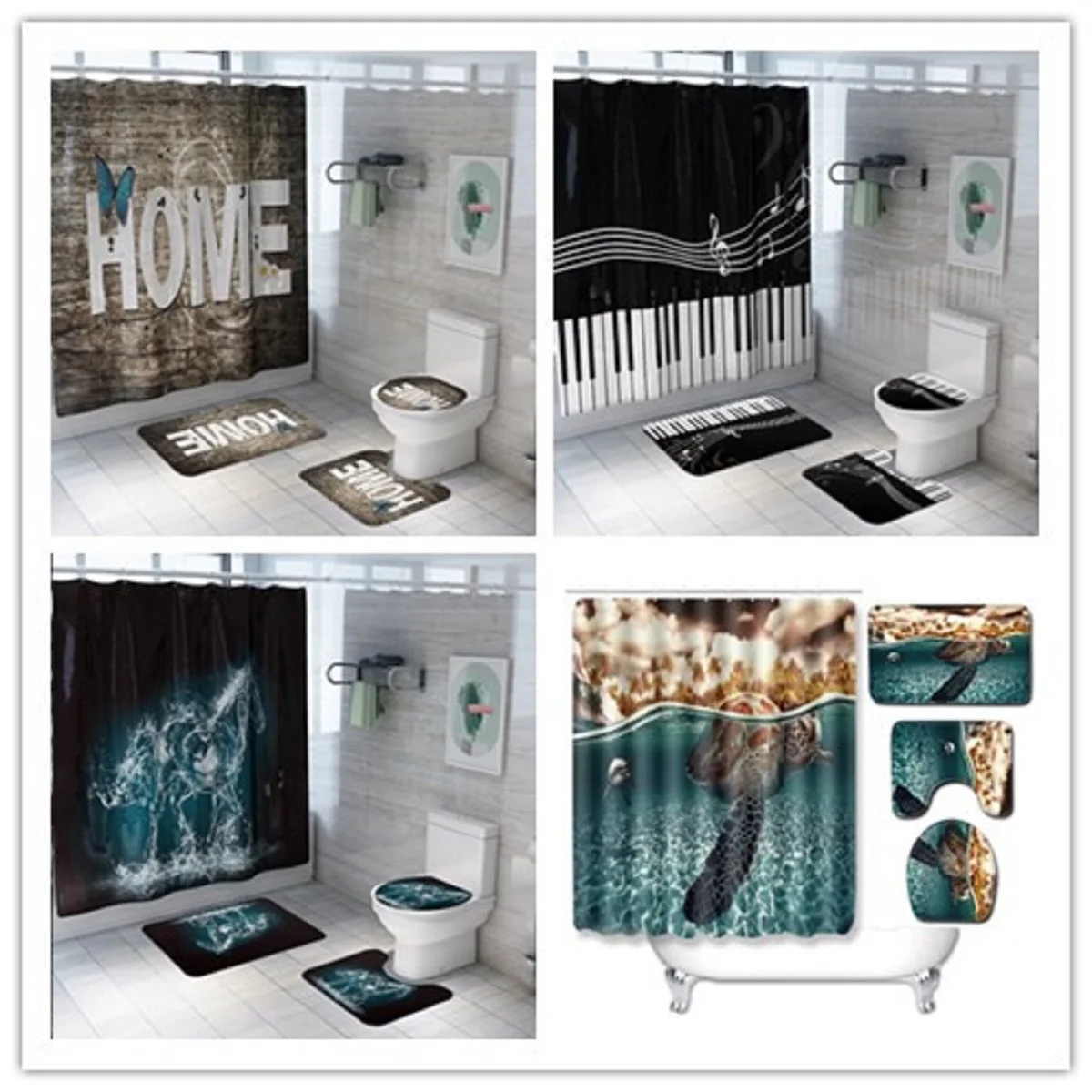 

Featured Series Printed Bathroom Set Non-slip Absorbent Cushion Shower Curtain Carpet Toilet Mat With 12 Hooks 4/3/1 Pieces