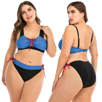 

Push Up Bikini 2020 Vintage Sexy Blue Striped Halter SwimSuit Women Summer Big Size Bikini Set Swimwear Ladies Plus Size L-4XL
