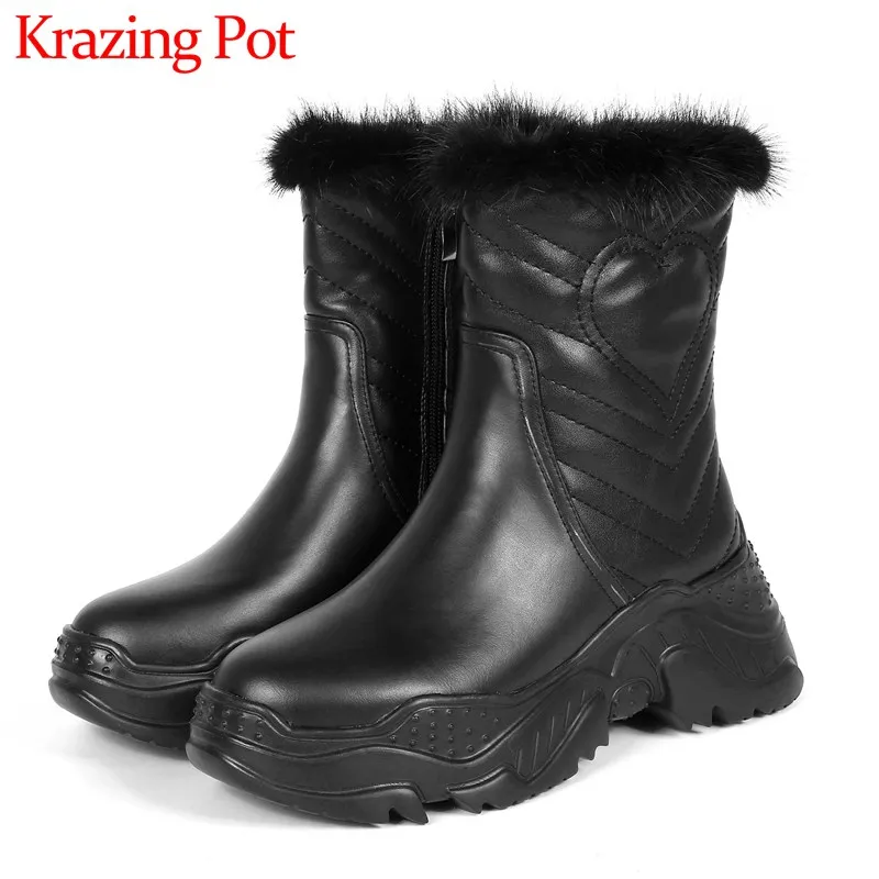 

Krazing Pot new snow boots side zip thick bottom keep warm cow leather round toe solid women winter daily wear ankle boots L18