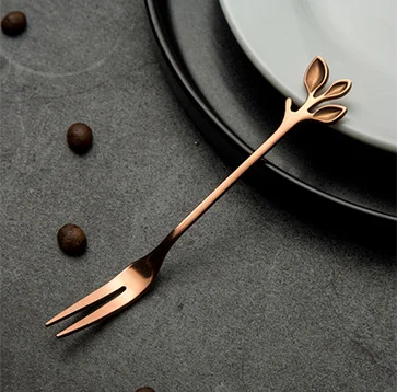 rose gold Fork Ложка из нержавеющей стали, маленькая свежая ветка для перемешивания, кофейная ложка, лист, фруктовая вилка, подарок, титановая красочная посуда с покрытием - Цвет: rose gold Fork