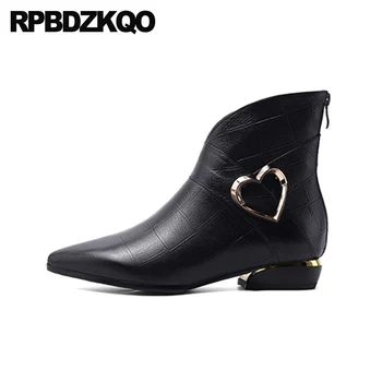 

winter black low heel short casual ankle designer shoes women luxury 2019 chunky pointed toe fur genuine leather boots metal new