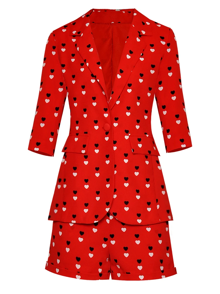 HIGH QUALITY Newest Designer Runway Suit Set Women's 3/4 Sleeve Heart Print Blazer Shorts Suit