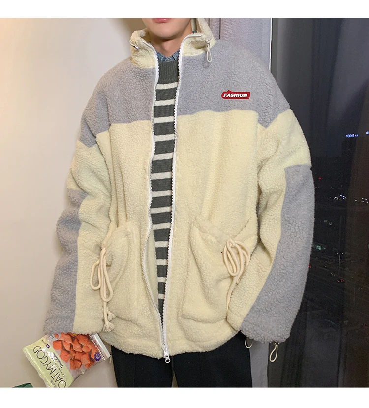 Winter new collection of patchwork printed thick and fleecy hooded padded clothes loose casual personality youth men's wear