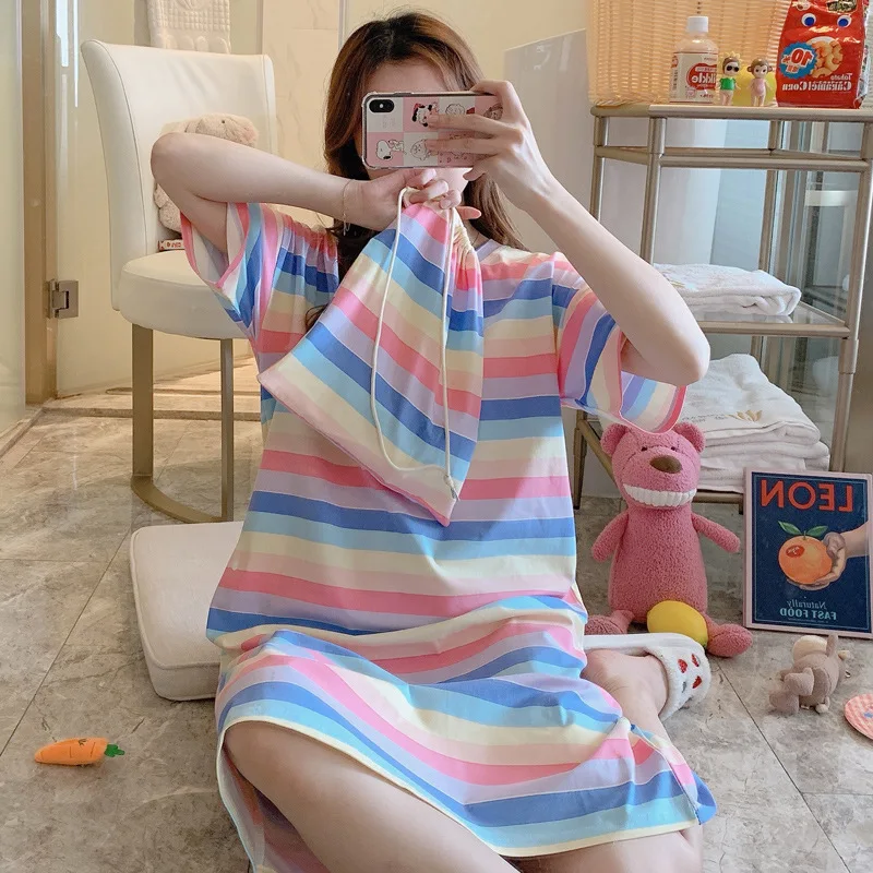 

Korean-style Nightgown Summer Thin Section Pure Cotton Students Cute Rainbow Pajamas Women's Spring And Autumn Short Sleeve Cute