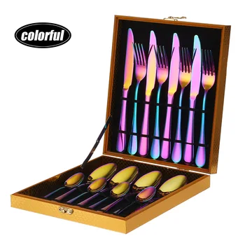 

16pcs Luxury Dinnerware set Tableware Wedding Cutlery Stainless steel Dinner set with Wooden Box Party Decoration Gift